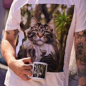 Majestic Cat Print T-Shirt and Mug Set